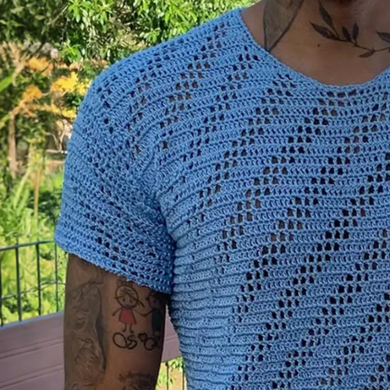 Men's Retro Casual Solid Color Knitted Round Neck Short Sleeve T-Shirt MTA2085E8TO sold by Manly product image thumbnail 3