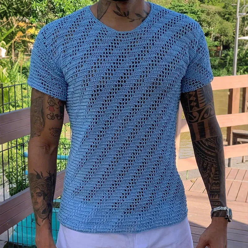 Men's Retro Casual Solid Color Knitted Round Neck Short Sleeve T-Shirt MTA2085E8TO sold by Manly product image thumbnail 2