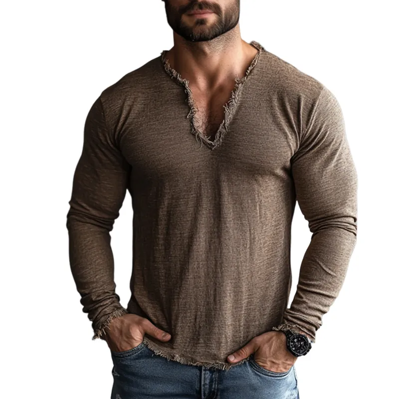 Men's Retro Casual Raw Edge V-Neck Long Sleeve T-Shirt MTA1630E9TO sold by Manly