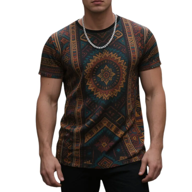 Men's Retro Casual Ethnic Style Geometric Printed Round Neck Short Sleeve T-Shirt MTA1687E3TO sold by Manly