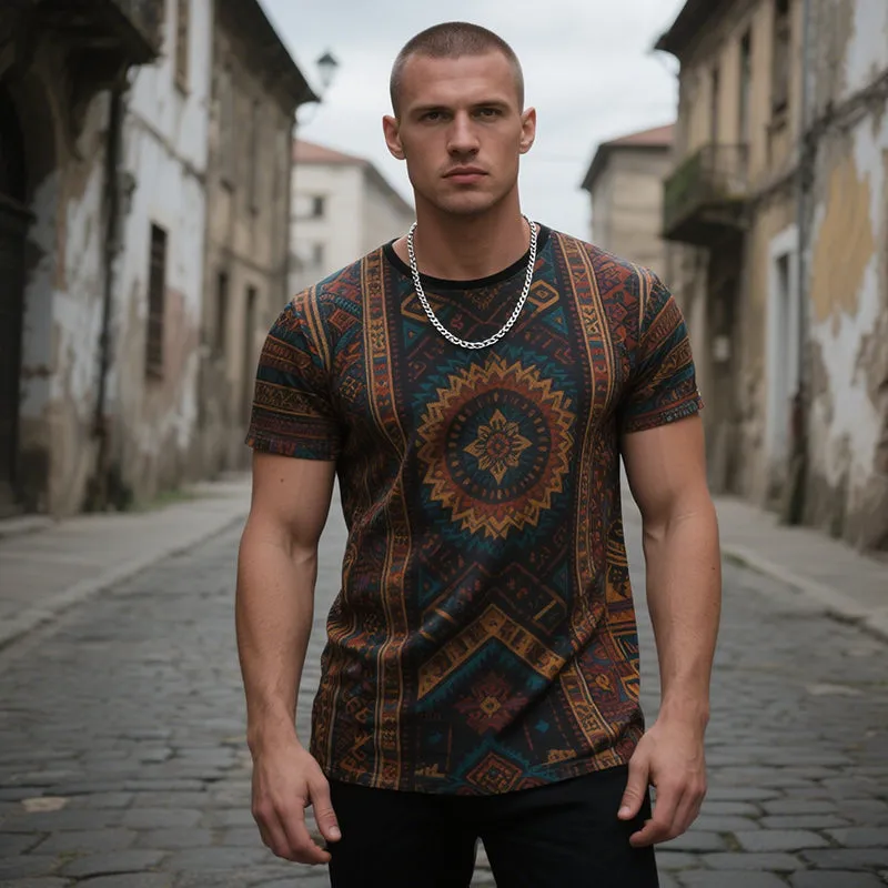 Men's Retro Casual Ethnic Style Geometric Printed Round Neck Short Sleeve T-Shirt MTA1687E3TO sold by Manly product image thumbnail 3