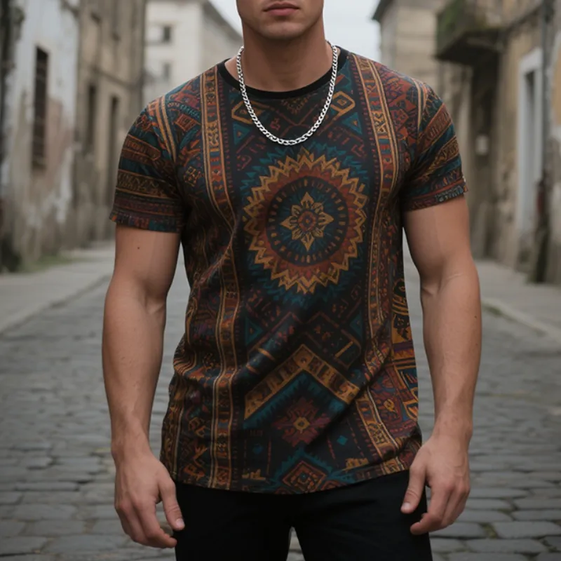 Men's Retro Casual Ethnic Style Geometric Printed Round Neck Short Sleeve T-Shirt MTA1687E3TO sold by Manly product image thumbnail 2