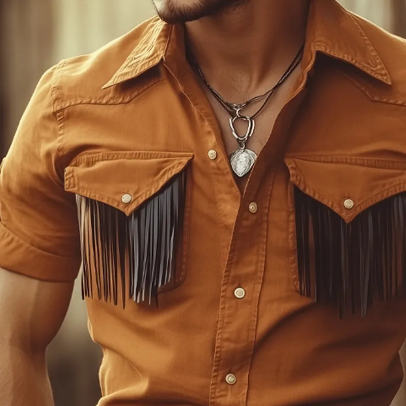 Men's Summer Western Cowboy Style Tassel Denim Short Sleeve Shirt MTA2064E6U sold by Manly product image thumbnail 3
