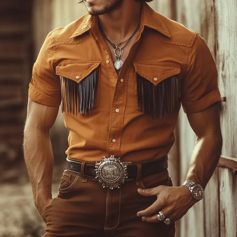 Men's Summer Western Cowboy Style Tassel Denim Short Sleeve Shirt MTA2064E6U sold by Manly product image thumbnail 2