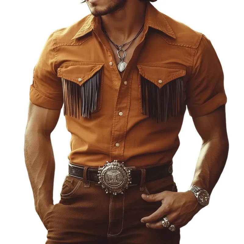 Men's Summer Western Cowboy Style Tassel Denim Short Sleeve Shirt MTA2064E6U sold by Manly