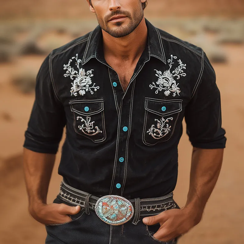 Men's Summer Western Cowboy Style Vintage Embroidery Long Sleeve Shirt MTA2109E3U sold by Manly product image thumbnail 2