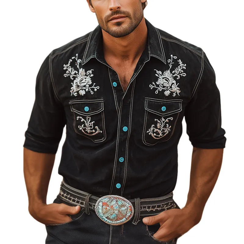 Men's Summer Western Cowboy Style Vintage Embroidery Long Sleeve Shirt MTA2109E3U sold by Manly