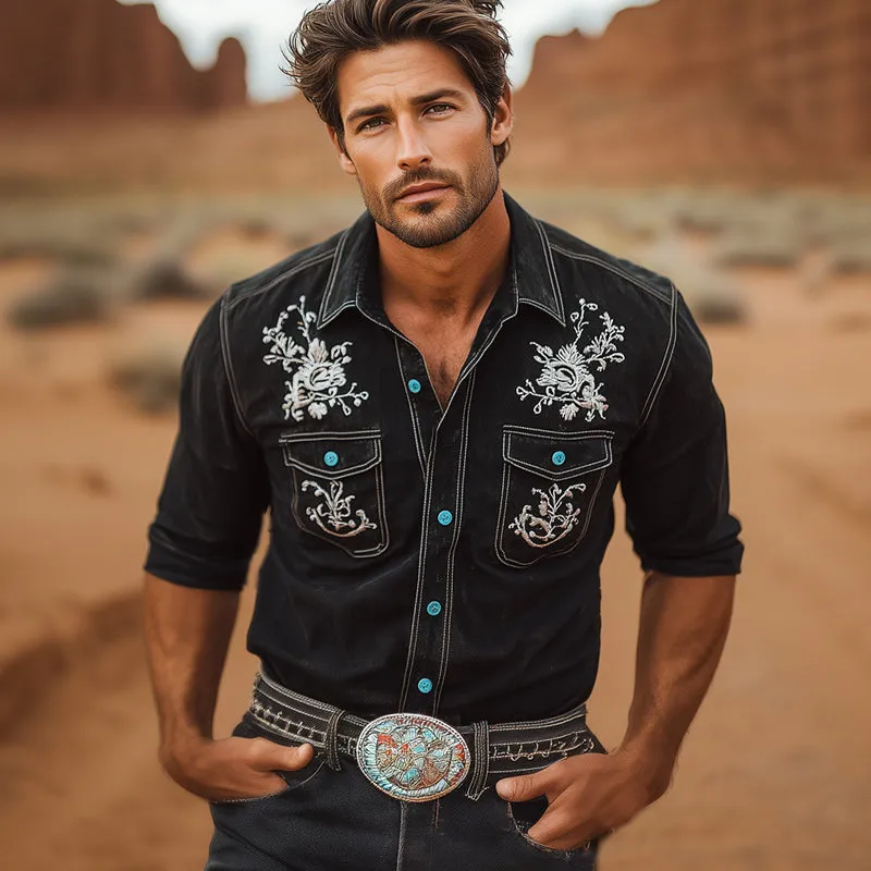 Men's Summer Western Cowboy Style Vintage Embroidery Long Sleeve Shirt MTA2109E3U sold by Manly product image thumbnail 3