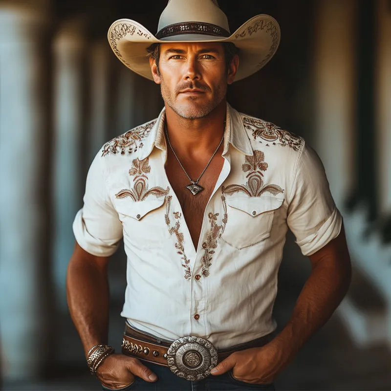 Men's Summer Western Cowboy Style Embroidered Cotton Short Sleeve Shirt MTA2117E8U sold by Manly product image thumbnail 3