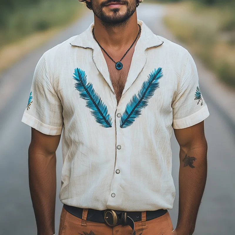 Men's Summer Feather Embroidery Lapel Short Sleeve Shirt MTA1508E3U sold by Manly product image thumbnail 2