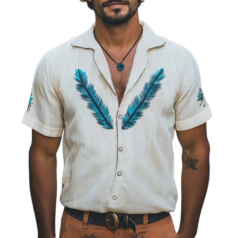 Men's Summer Feather Embroidery Lapel Short Sleeve Shirt MTA1508E3U sold by Manly