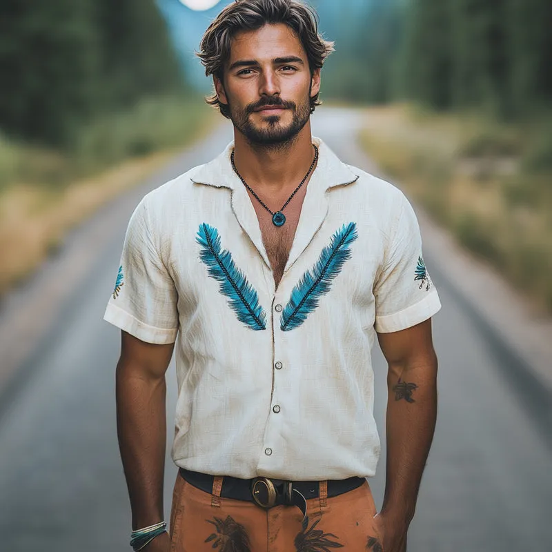 Men's Summer Feather Embroidery Lapel Short Sleeve Shirt MTA1508E3U sold by Manly product image thumbnail 3