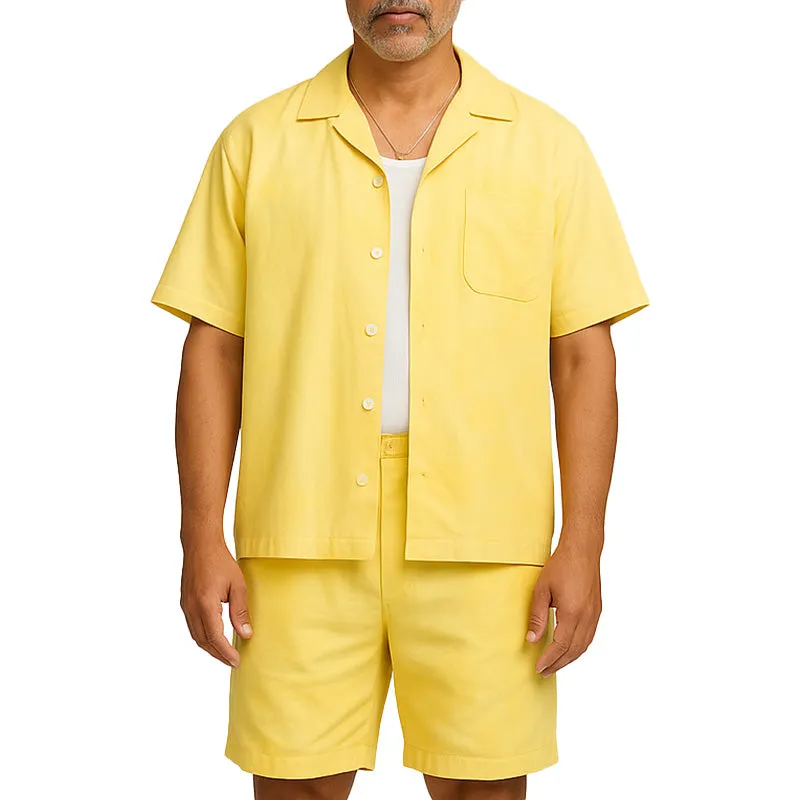 Men's Summer Fashion Solid Color Cotton And Linen Short-Sleeved Shorts Suit MTA2188E7P sold by Manly