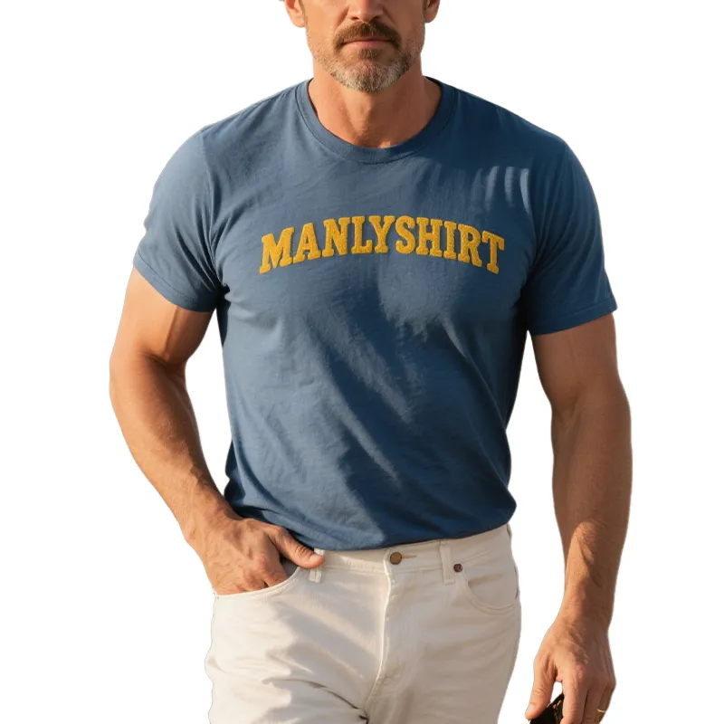 Men's Spring And Summer Fashion Casual American Western Style Tough Guy Cotton Blended Letter Towel Three-dimensional Embroidered Short-sleeved T-shirt MTA2024E1K sold by Manly