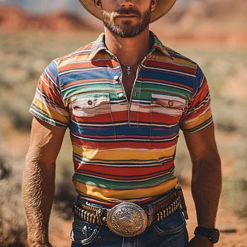 Men's Fashion Western Cowboy Style Colorful Striped Lapel Short Sleeve Polo Shirt MTA2055E7Z sold by Manly product image thumbnail 2