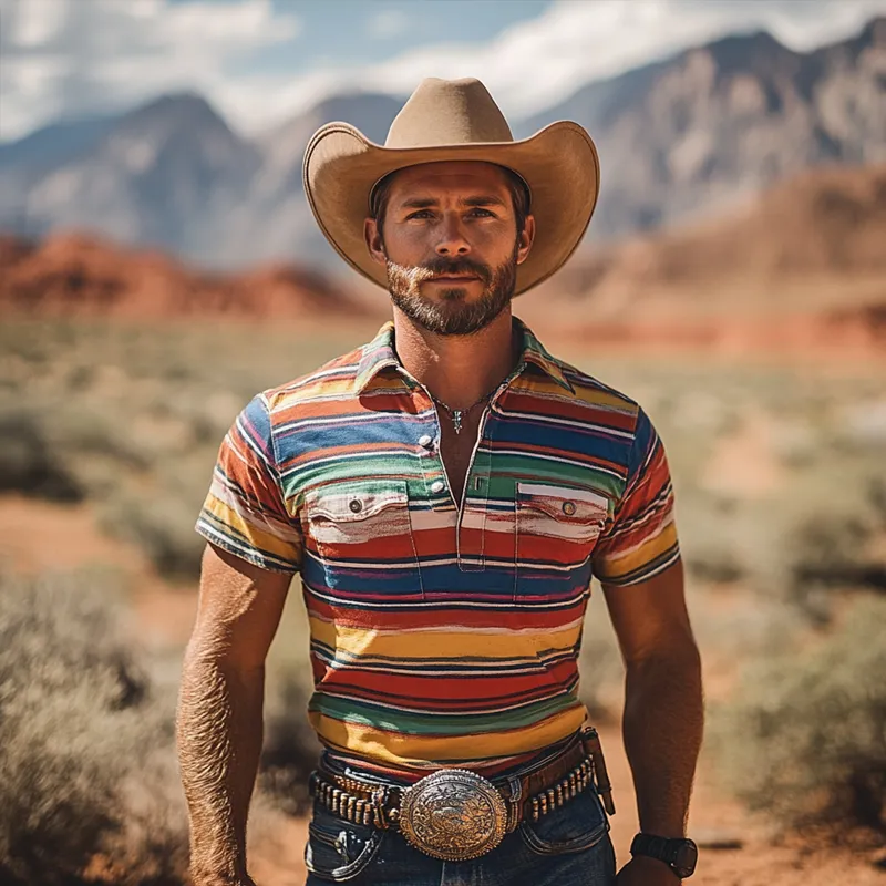 Men's Fashion Western Cowboy Style Colorful Striped Lapel Short Sleeve Polo Shirt MTA2055E7Z sold by Manly product image thumbnail 3