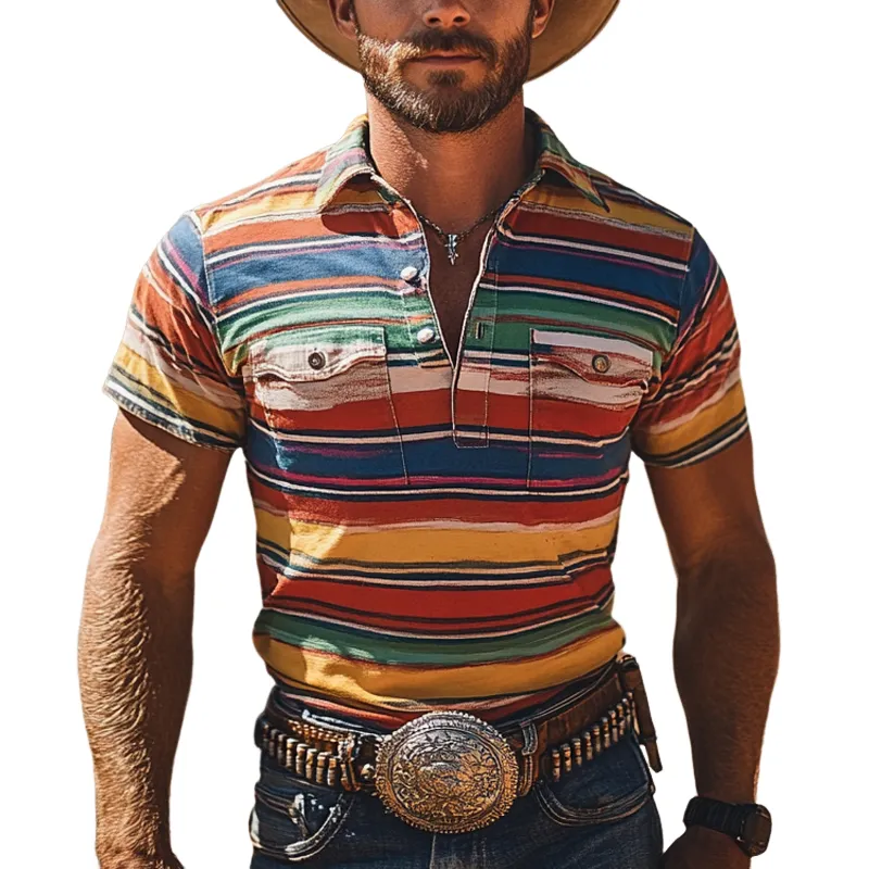 Men's Fashion Western Cowboy Style Colorful Striped Lapel Short Sleeve Polo Shirt MTA2055E7Z sold by Manly