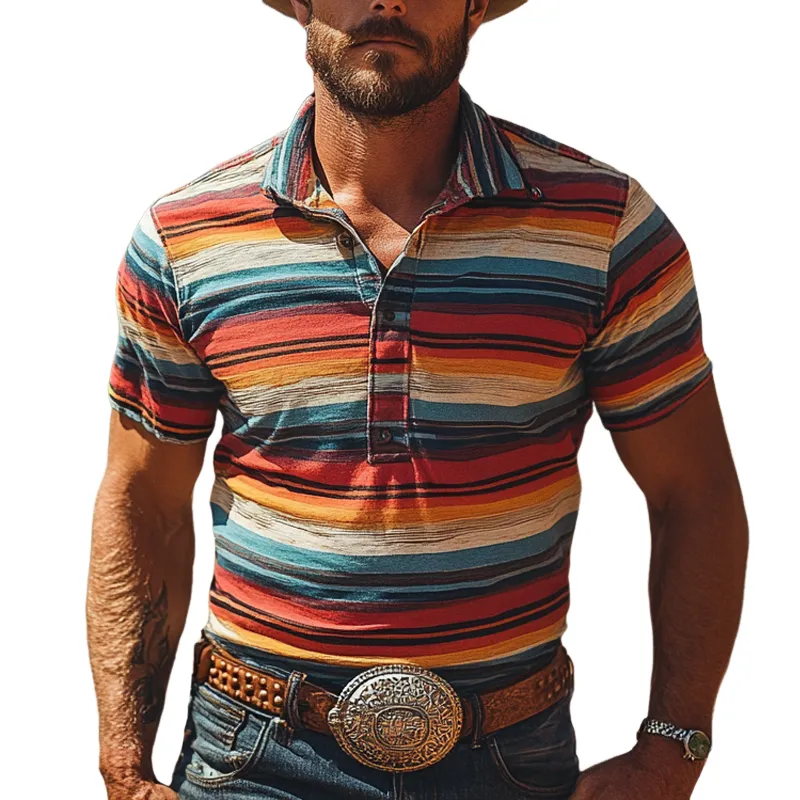 Men's Fashion Western Cowboy Style Colorful Striped Lapel Short Sleeve Polo Shirt MTA2074E5Z sold by Manly