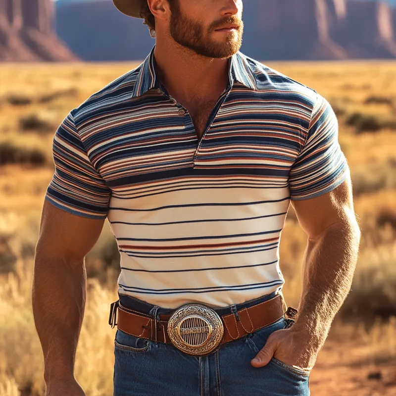 Men's Fashion Western Cowboy Style Colorful Striped Lapel Short Sleeve Polo Shirt MTA2073E9Z sold by Manly product image thumbnail 2