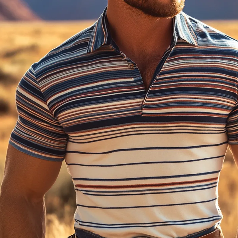 Men's Fashion Western Cowboy Style Colorful Striped Lapel Short Sleeve Polo Shirt MTA2073E9Z sold by Manly product image thumbnail 3