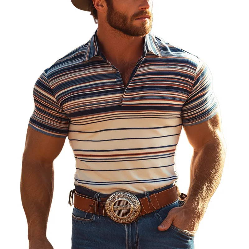 Men's Fashion Western Cowboy Style Colorful Striped Lapel Short Sleeve Polo Shirt MTA2073E9Z sold by Manly