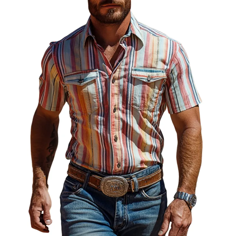 Men's Fashion Western Cowboy Style Colorful Striped Lapel Short Sleeve Shirt MTA2066E4Z sold by Manly