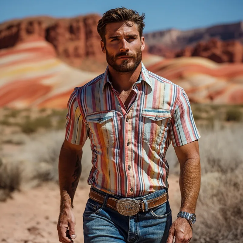 Men's Fashion Western Cowboy Style Colorful Striped Lapel Short Sleeve Shirt MTA2066E4Z sold by Manly product image thumbnail 3