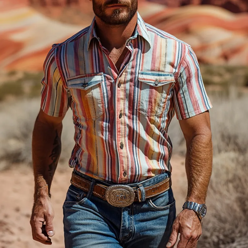 Men's Fashion Western Cowboy Style Colorful Striped Lapel Short Sleeve Shirt MTA2066E4Z sold by Manly product image thumbnail 2