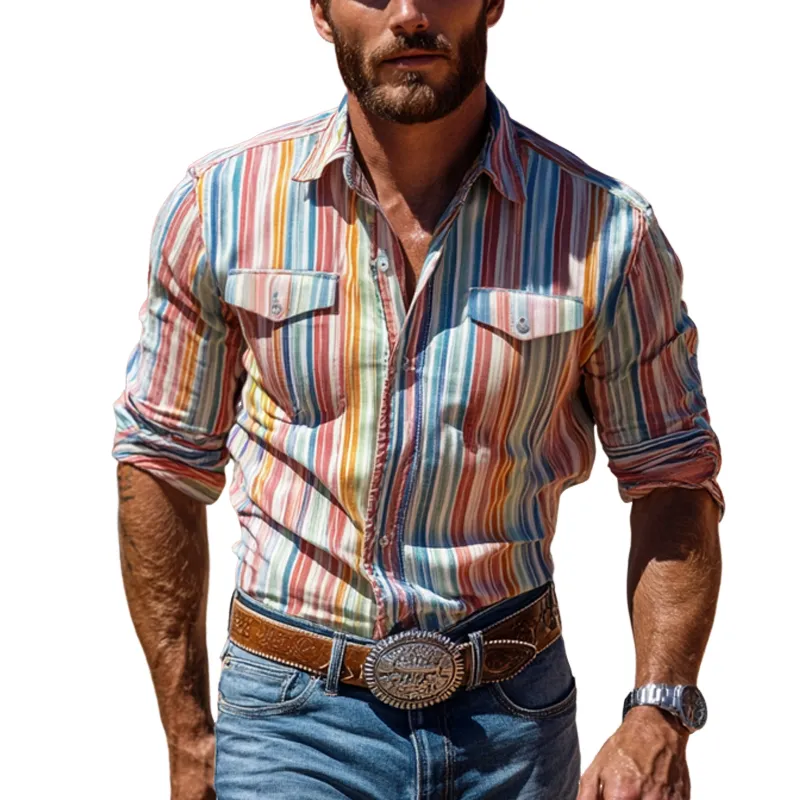 Men's Fashion Western Cowboy Style Colorful Striped Lapel Long Sleeve Shirt MTA2089E0Z sold by Manly