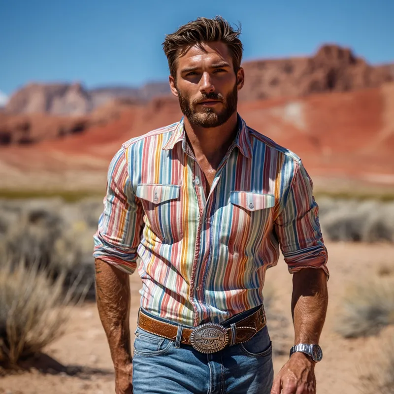Men's Fashion Western Cowboy Style Colorful Striped Lapel Long Sleeve Shirt MTA2089E0Z sold by Manly product image thumbnail 3