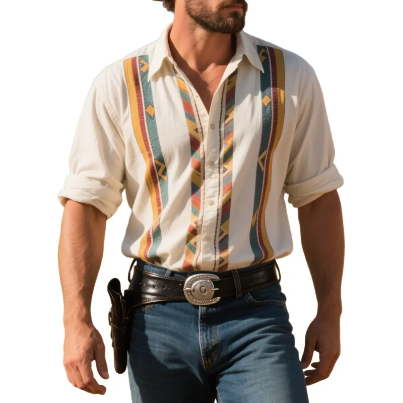 Men's Fashion Western Cowboy Style Colorful Striped Lapel Long Sleeve Shirt MTA2027E0Z sold by Manly