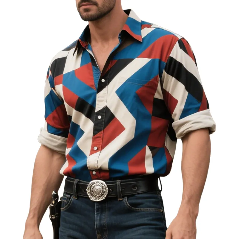 Men's Fashion Western Cowboy Style Geometric Print Lapel Long Sleeve Shirt MTA2056E8Z sold by Manly