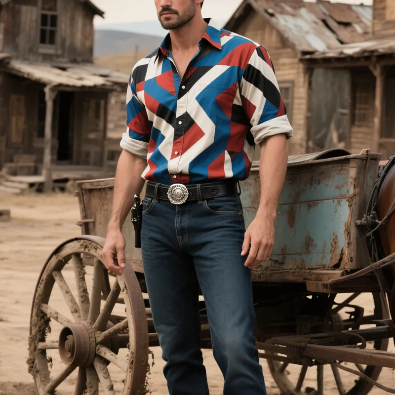 Men's Fashion Western Cowboy Style Geometric Print Lapel Long Sleeve Shirt MTA2056E8Z sold by Manly product image thumbnail 3