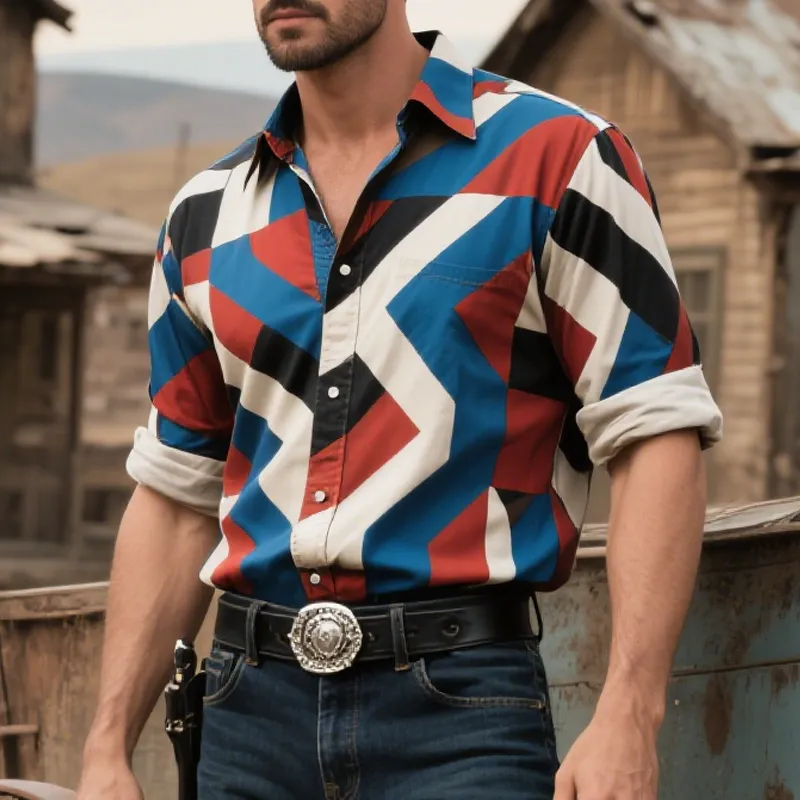 Men's Fashion Western Cowboy Style Geometric Print Lapel Long Sleeve Shirt MTA2056E8Z sold by Manly product image thumbnail 2