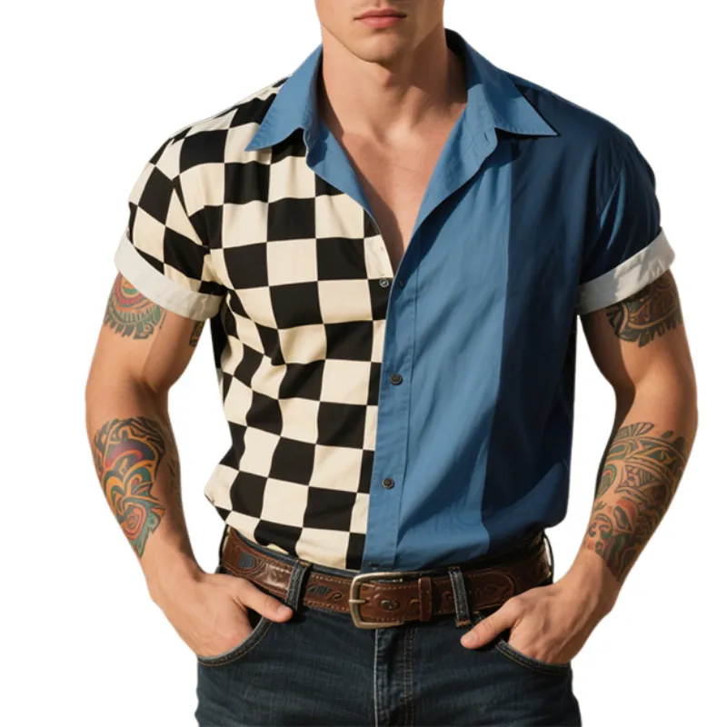 Men's Retro Casual Checkerboard Print Lapel Short Sleeve Shirt MTA1655E5TO sold by Manly