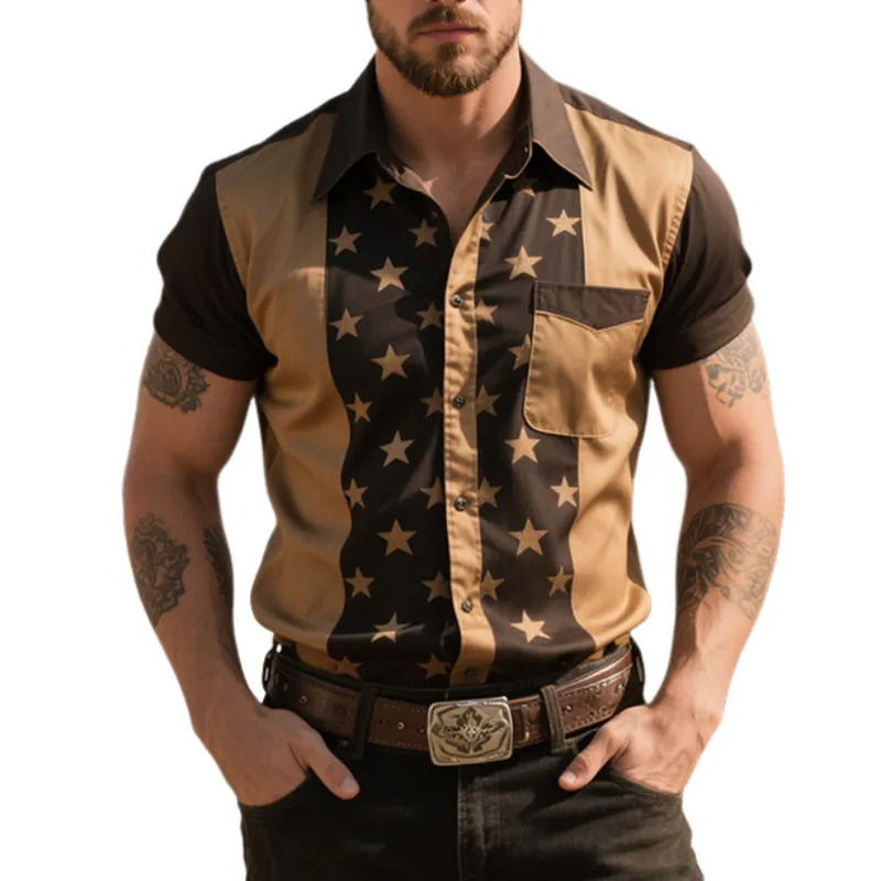 Men's Retro Casual Western Cowboy Style Star Print Lapel Short Sleeve Shirt MTA1667E0TO sold by Manly