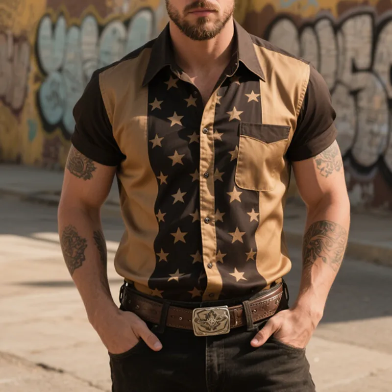 Men's Retro Casual Western Cowboy Style Star Print Lapel Short Sleeve Shirt MTA1667E0TO sold by Manly product image thumbnail 3