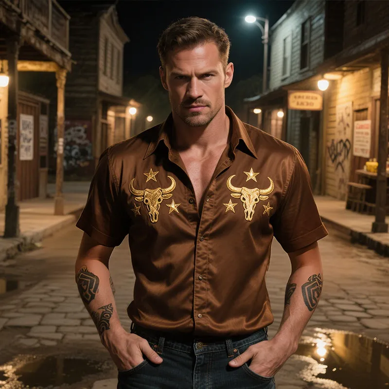 Men's Retro Casual Western Cowboy Style Bull Head Star Embroidered Satin Lapel Short Sleeve Shirt MTA1628E0TO sold by Manly product image thumbnail 2