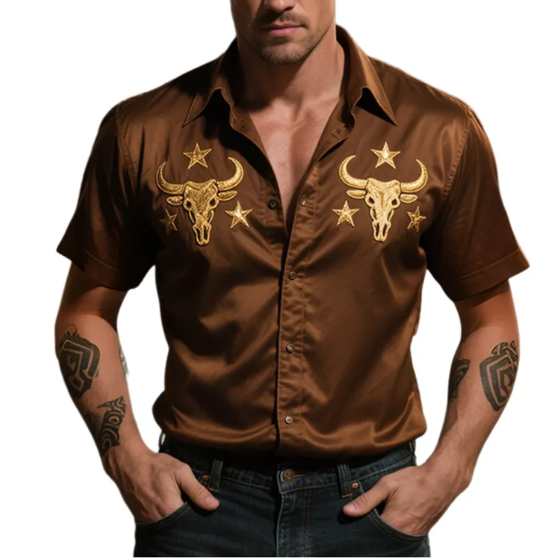 Men's Retro Casual Western Cowboy Style Bull Head Star Embroidered Satin Lapel Short Sleeve Shirt MTA1628E0TO sold by Manly