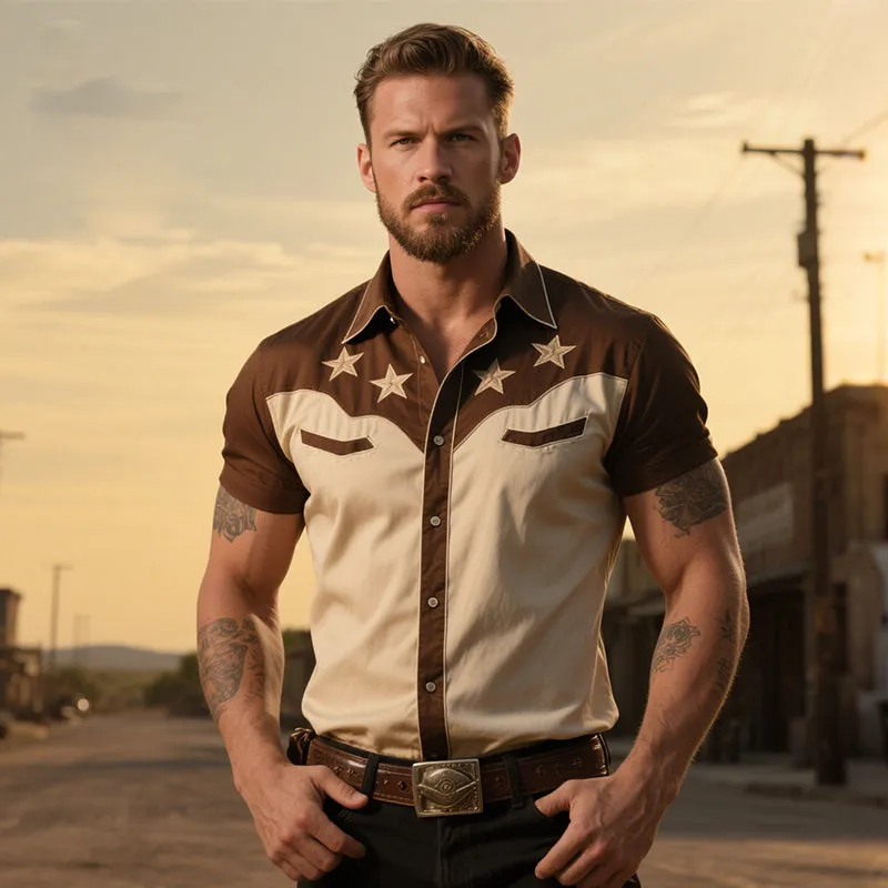 Men's Retro Casual Western Cowboy Style Star Embroidered Lapel Short Sleeve Shirt MTA1652E9TO sold by Manly product image thumbnail 2