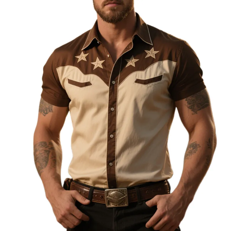 Men's Retro Casual Western Cowboy Style Star Embroidered Lapel Short Sleeve Shirt MTA1652E9TO sold by Manly