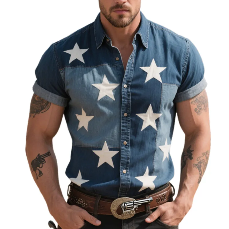 Men's Retro Casual Western Cowboy Style Star Print Denim Lapel Short Sleeve Shirt MTA1629E3TO sold by Manly