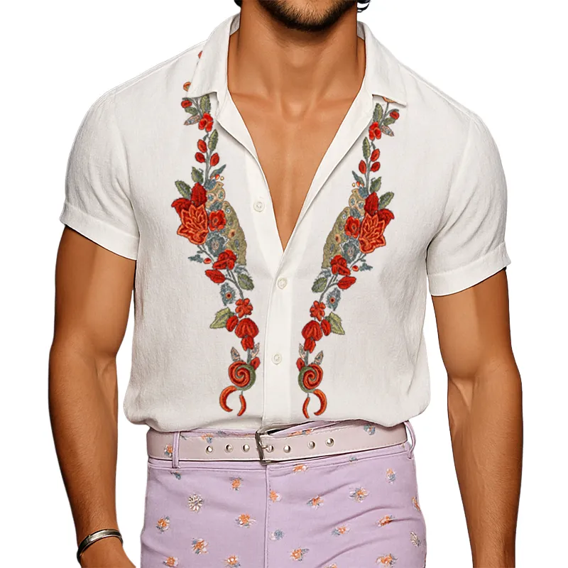 Men's Retro Casual Linen Embroidered Floral Lapel Short Sleeve Shirt MTA2032E2TO sold by Manly