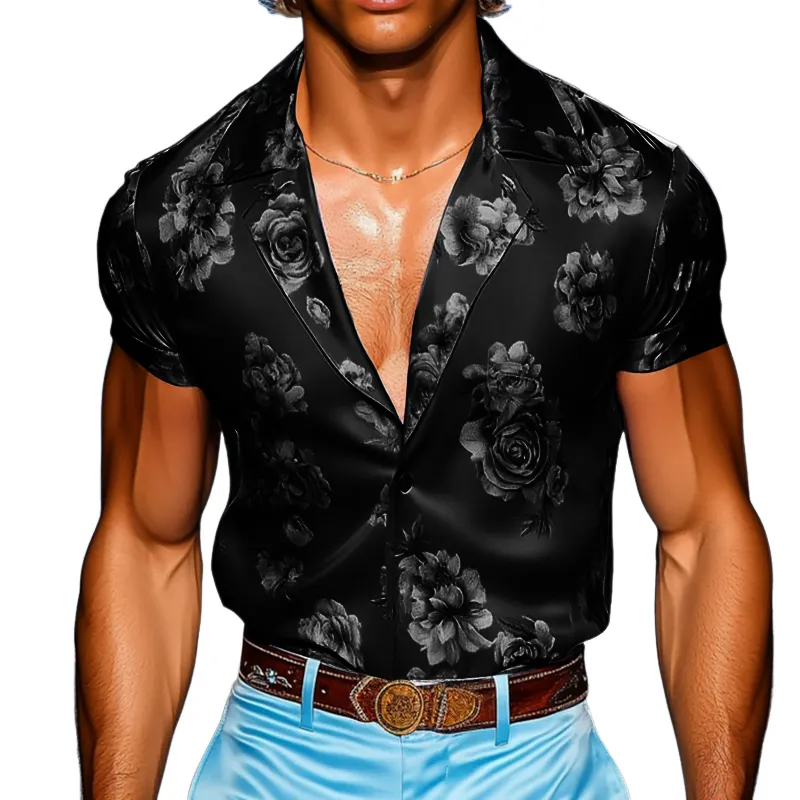 Men's Retro Casual Floral Print Satin Lapel Short Sleeve Shirt MTA2029E7TO sold by Manly