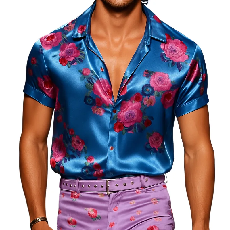 Men's Retro Casual Floral Print Satin Lapel Short Sleeve Shirt MTA2080E8TO sold by Manly