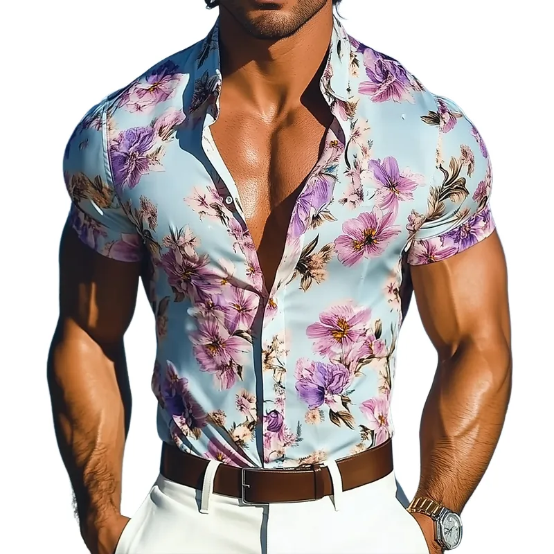 Men's Retro Casual Floral Print Satin Lapel Short Sleeve Shirt MTA2013E2TO sold by Manly
