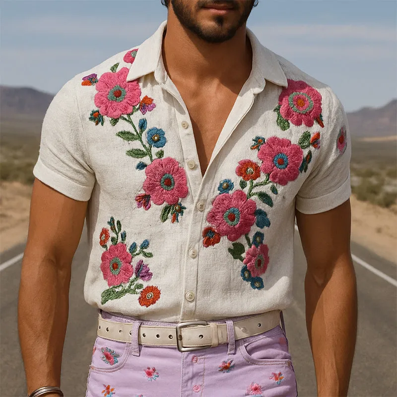 Men's Retro Casual Linen Embroidered Floral Lapel Short Sleeve Shirt MTA2070E8TO sold by Manly product image thumbnail 2