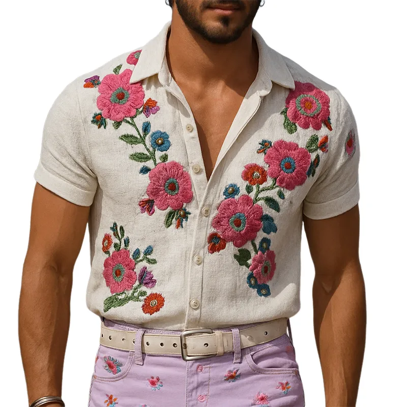 Men's Retro Casual Linen Embroidered Floral Lapel Short Sleeve Shirt MTA2070E8TO sold by Manly