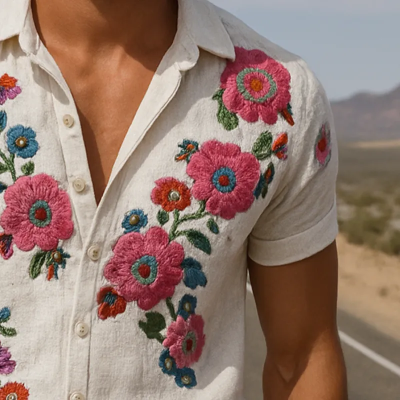 Men's Retro Casual Linen Embroidered Floral Lapel Short Sleeve Shirt MTA2070E8TO sold by Manly product image thumbnail 3