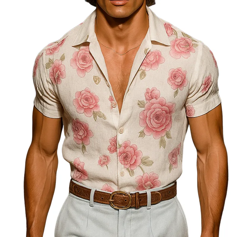Men's Vintage Casual Floral Print Linen Lapel Short Sleeve Shirt MTA2024E3TO sold by Manly